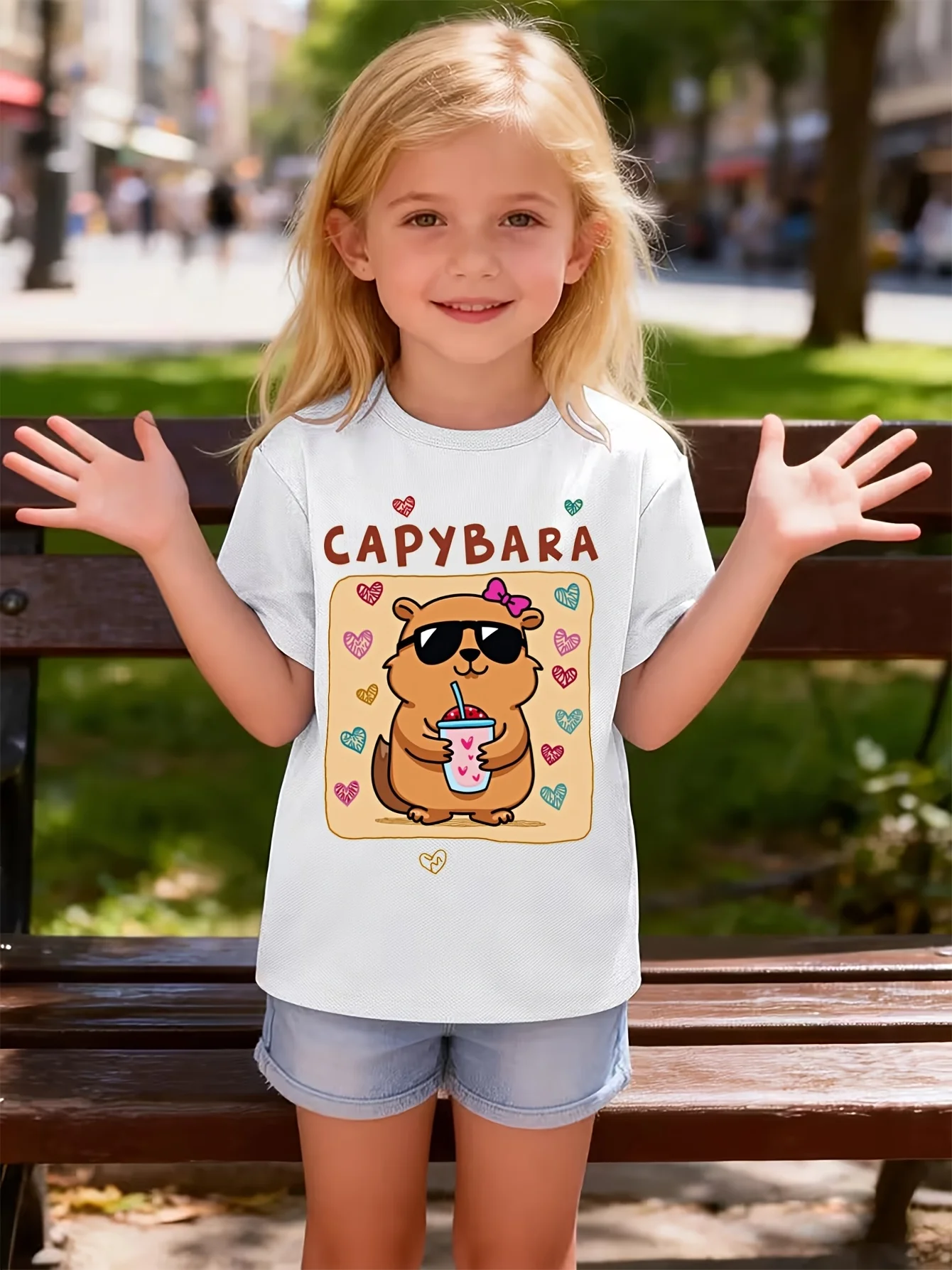 Cute Sunglasses Capybara Cartoon Heart Drink  Graphic Print T Shirt Family Matching Boys Girls Kids Casual Short Sleeve Tops