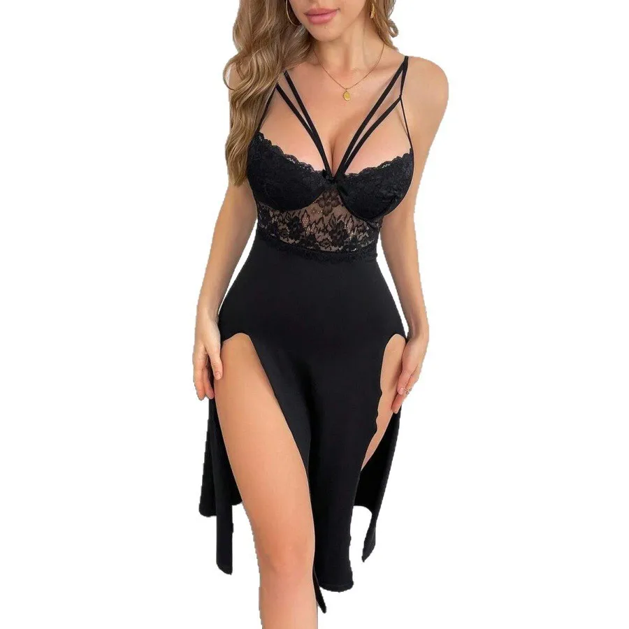 

New Sexy Lace Lace Patchwork High-waisted Lightweight And Breathable Slimming Long Elegant Slit Slip Dress H07V