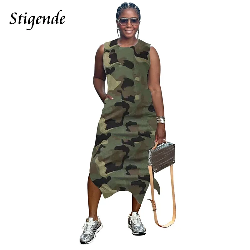 Stigende Women Both Side Slit Camouflage Dress Summer Bodycon Sleeveless Tank Midi Dress