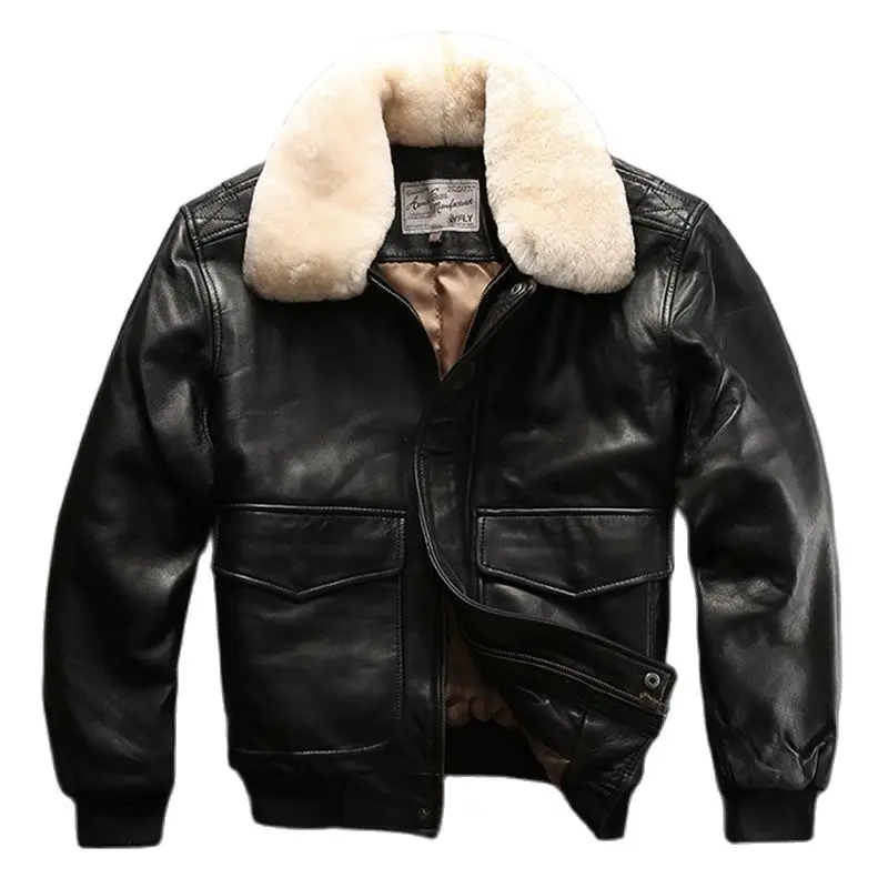 High Quality Pilot Coat Cotton Clothes Men\'s Wool Collar Leisure Plus Size Sheepskin Genuine Leather Jackets