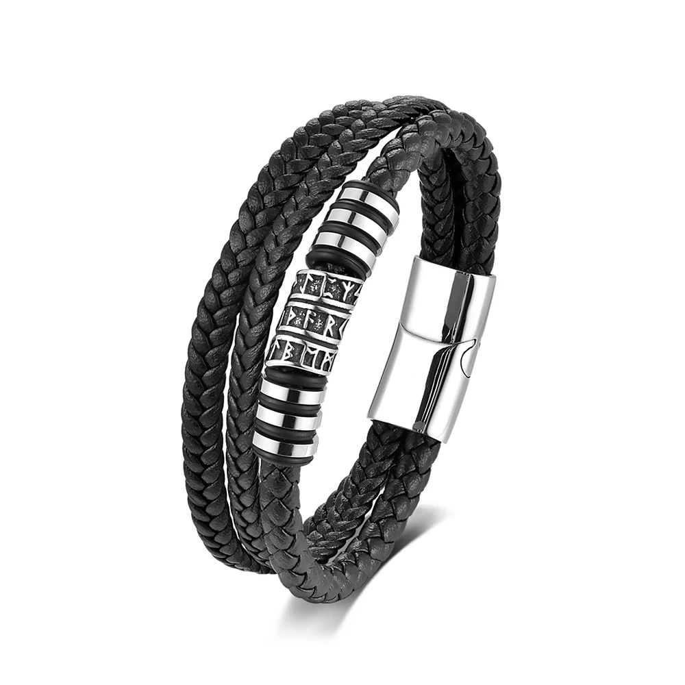 Vintage Vikings Celtic Knot Beads Bracelet For Men Women Stainless Steel Black Braided Leather Rope Chain Wristband Jewelry Gift view 6