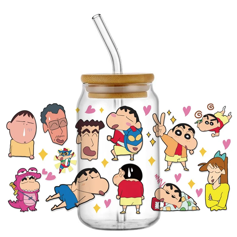 MINISO 3D Japanese Cartoon Boy Crayon Shin-chan Decal 16oz Libbey UV DTF Cup Wrap DIY  Mug Waterproof Transfer Sticker