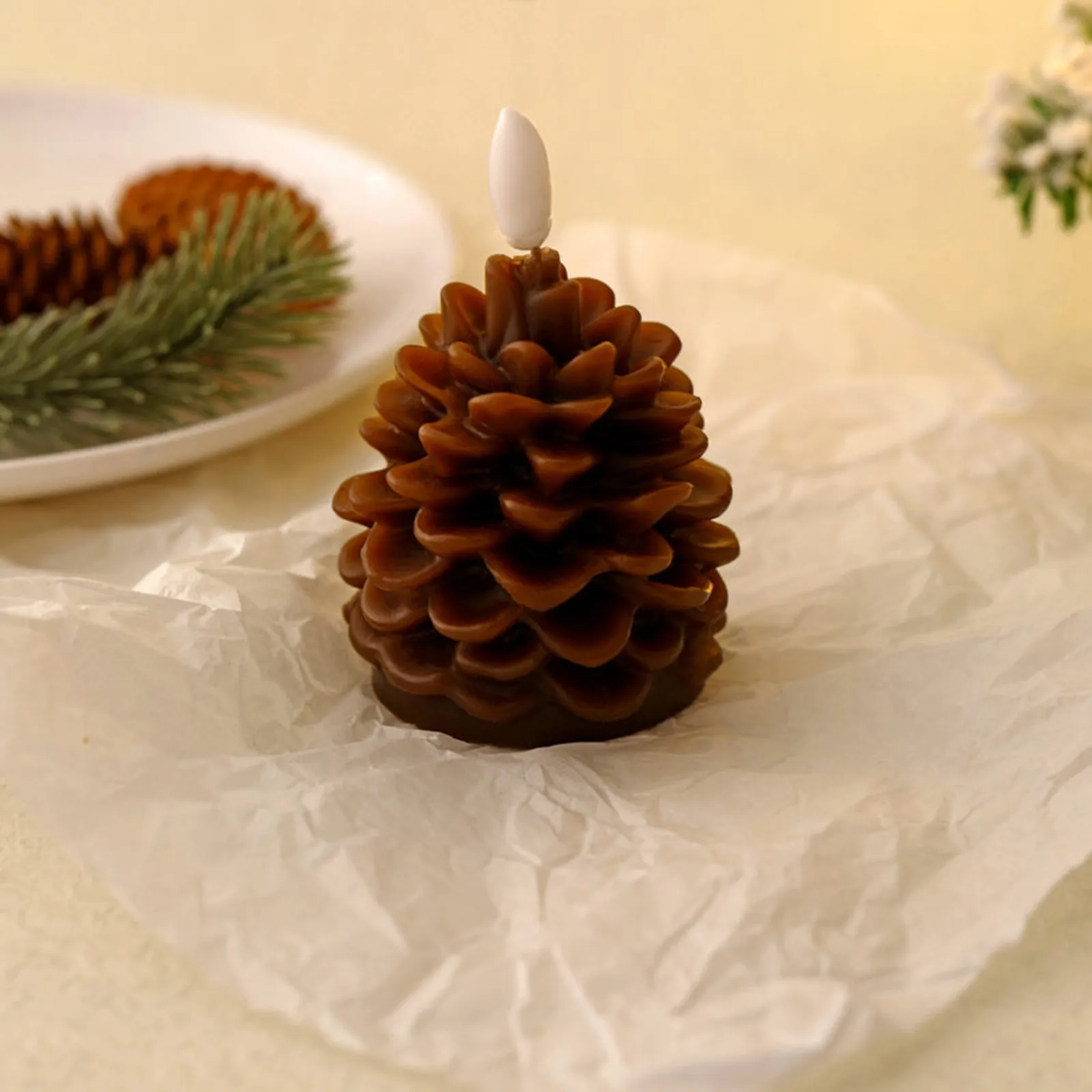 Pinecone Flameless LED Candle Wax Material Construction Control Included Battery Operated Brown Desktop Ornament Bedside Gift