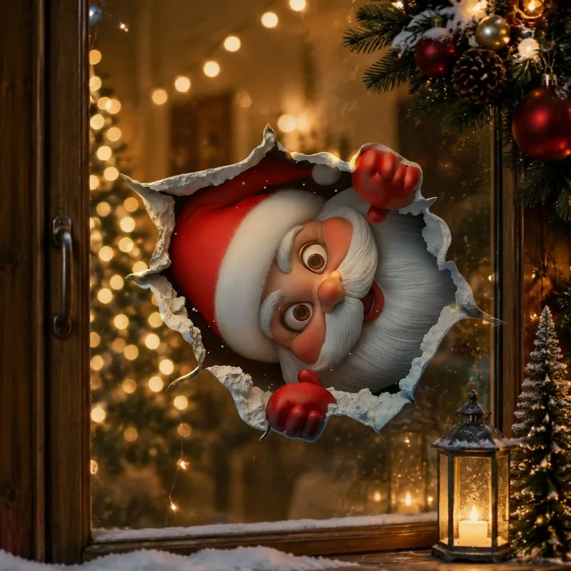 3D Stereo Santa Claus Break-Through Wall Decal Vinyl Christmas Wall Stickers Removable Holiday Decor For Home And Living Spaces