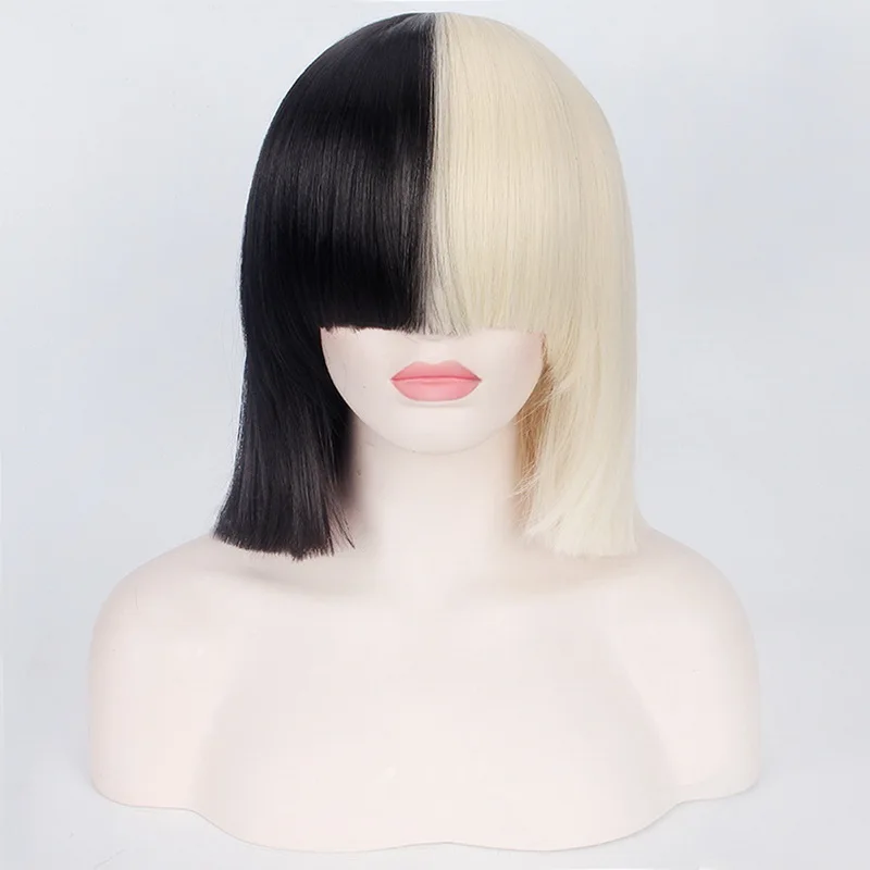 Sia parrucca Anime capelli sintetici mezzo nero e biondo Ombre capelli corti lisci frangia piatta Cosplay Set completo parrucche per le donne nuovo