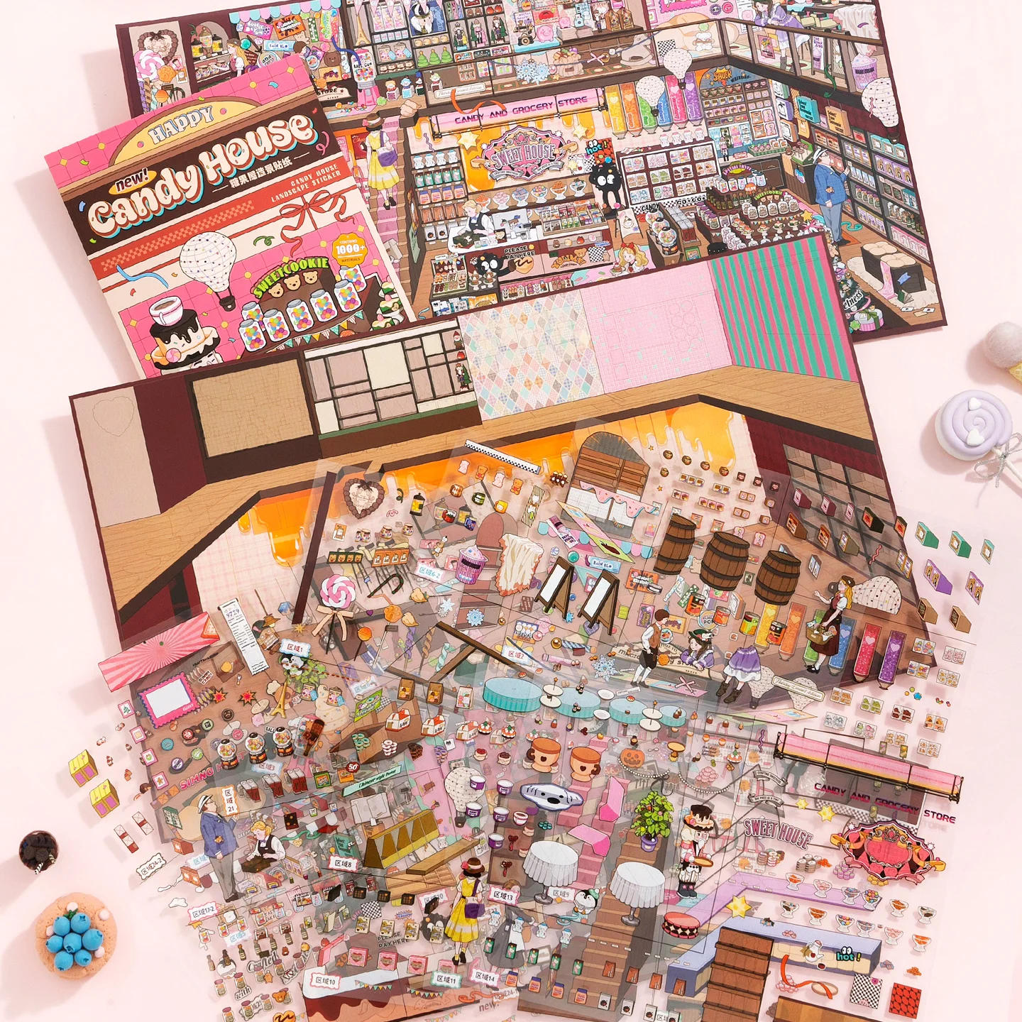 3D Large Folding Miniature Candy House Clothing Store Immersive Landscape Stickers Book, Exquisite Illustrations, PET Die Cut St