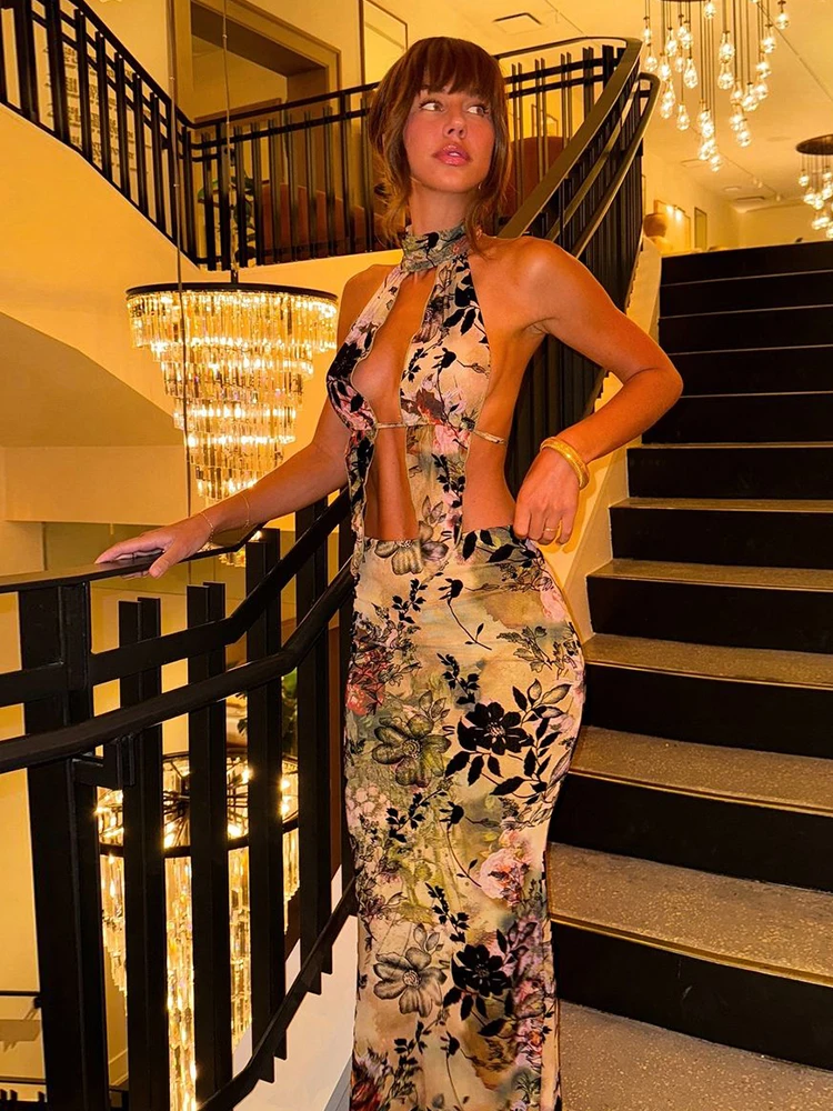 Raar Poes Sexy Gebladerte Print 2-delige set Vrouwen Zomer 2025 Halter Backless Hemdje + Back Split Maxi Rokken Bijpassende Clubwear