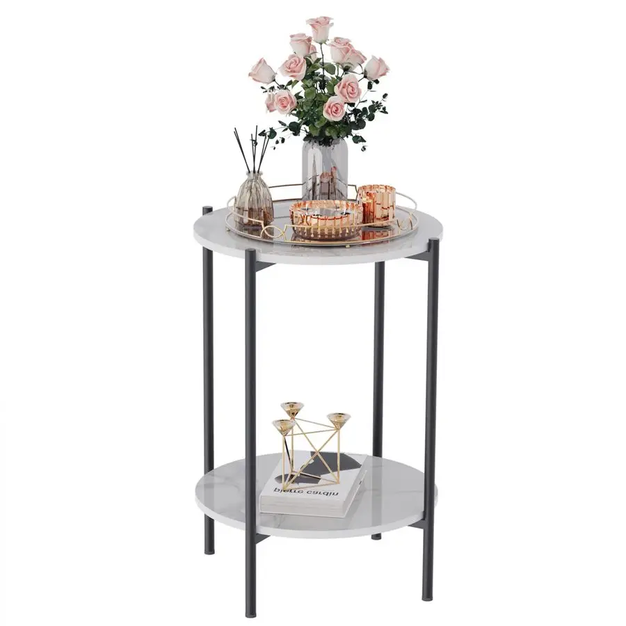 

Round End Side Table 2 Tier Marble Nightstand Sintered Stone Toptable with Black Iron Frame for Living Room Bedroom