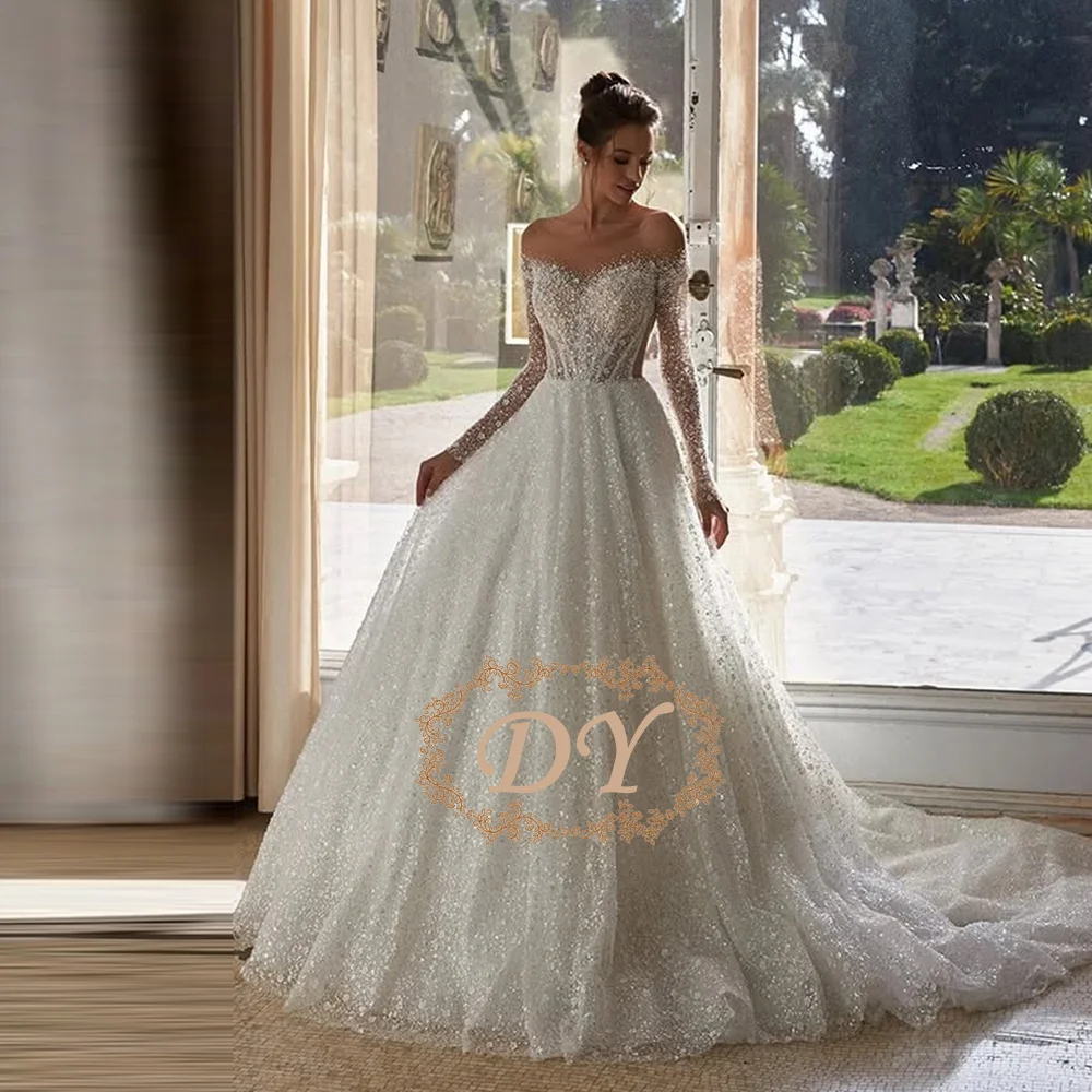 DY Glitter A-Line Wedding Dresses Lace Applique Bride Long Sleeves Beaded Pleat Robe De Mariée Personalized Customization
