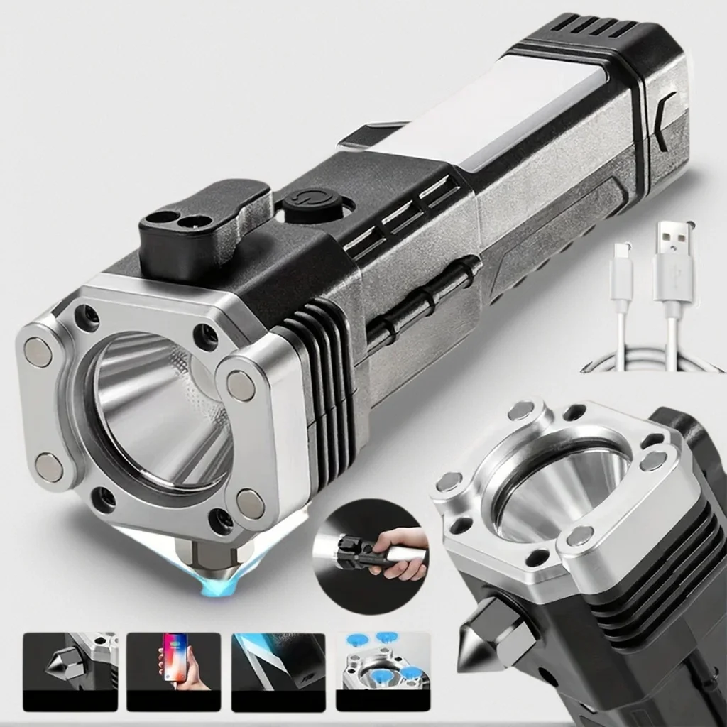 

Super Bright Rechargeable LED Flashlight - Car Safety Hammer with Window Breaker Function
