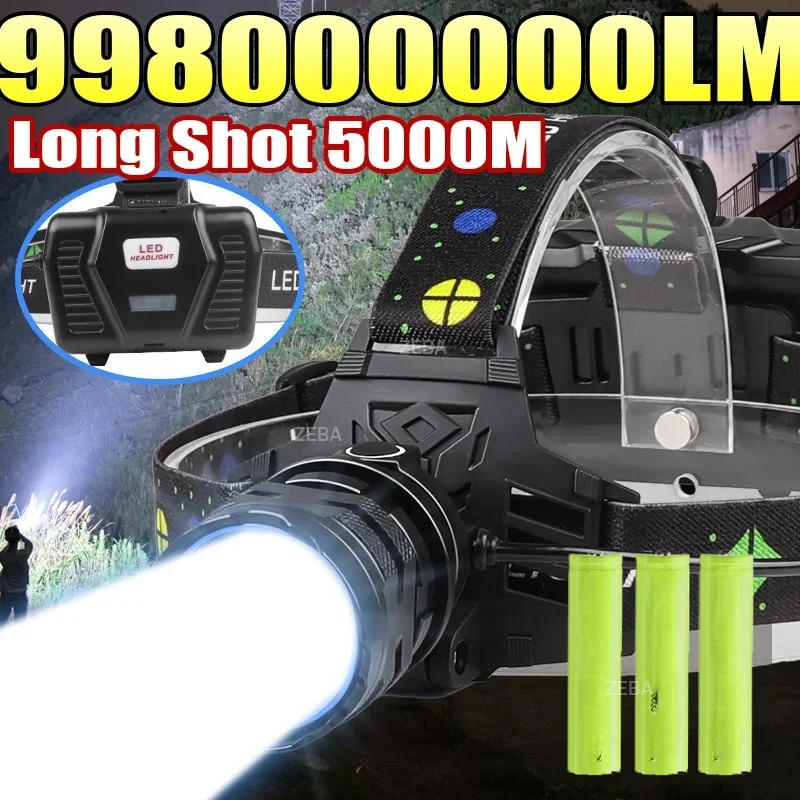NEW 998000000LM High Power LED Headlight Ultra Bright Head Torch Long Range 5000M Head Flashlight 18650 Camping Fishing Lantern