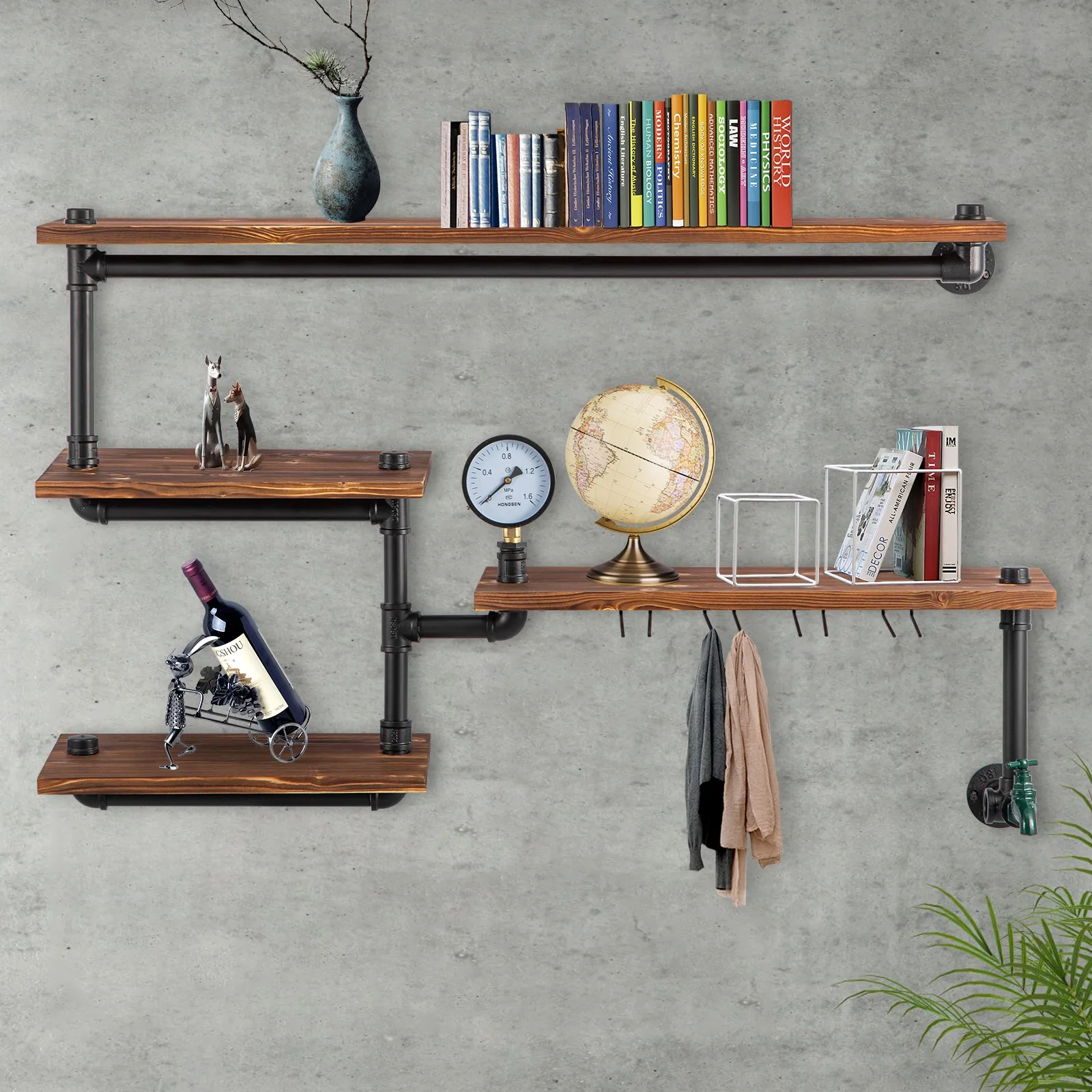 

Industrial Pipe Shelves Wall Mounted 4 Tier Iron Pipe Rack with Wood Planks Metal Storage Shelf for Living Room Bedroom