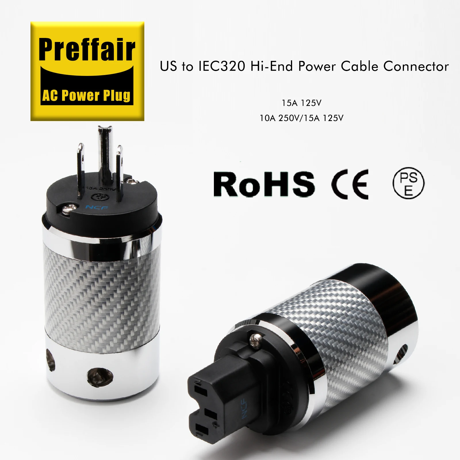 Preffair P105 Schuko Power Plug Hifi US Version Connector Carbon Fiber Rhodium Plated Supply Power IEC Plug 15A 125V /10A 250V