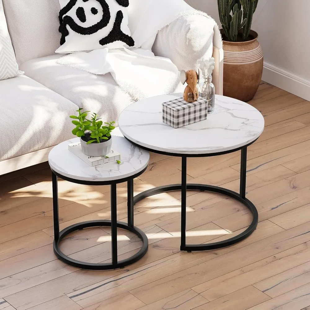 

White Nesting Coffee Table Set of 2, 23.6" Round Coffee Table Wood Grain Top with Adjustable Non-Slip Feet, Industrial End Tabl
