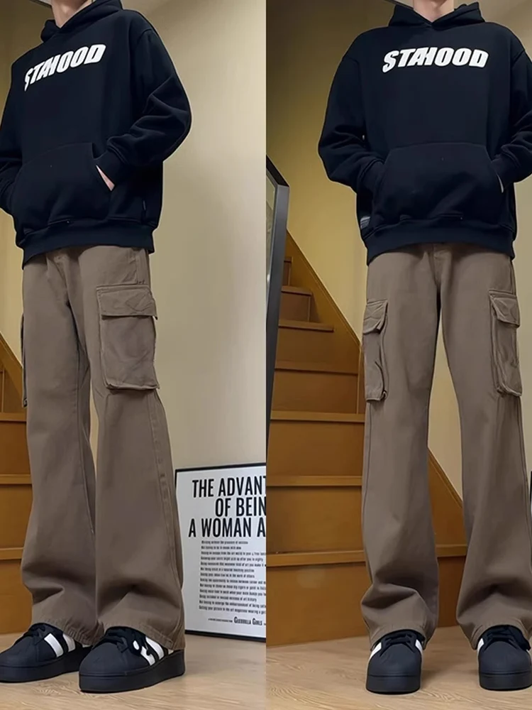 

Винтажные американские коричневые рабочие брюки для мужчин: прямые, широкие, модные, с высокой талией, длинные, повседневные, летние шорты