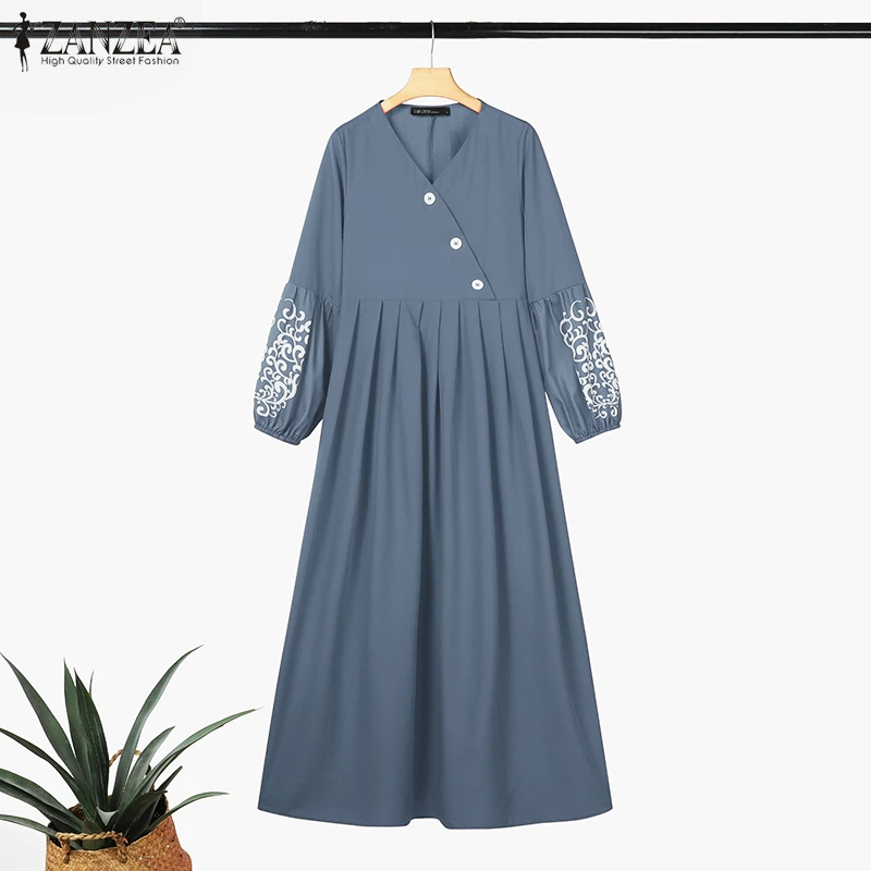 ZANZEA Fashion Turkey Muslim Dress Vintage Eid Mubarek Vestidos Woman Long Sleeve Neck Dresses Elegant Party Sundress Oversized