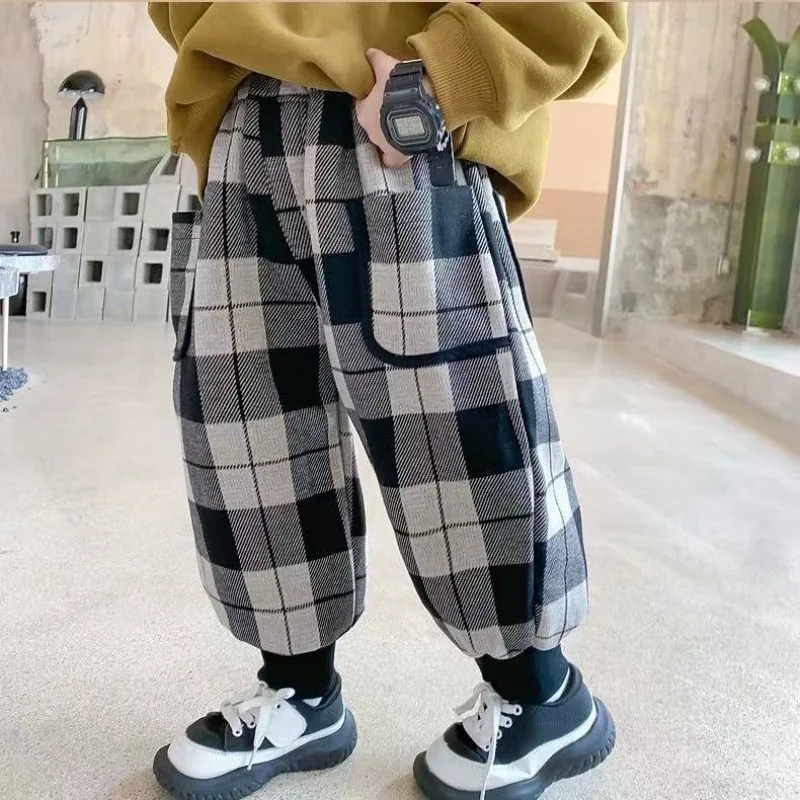 

Осенне-зимние модные повседневные длинные брюки в корейском стиле на флисовой подкладке для мальчиков, теплая детская уличная одежда с эластичной резинкой на талии