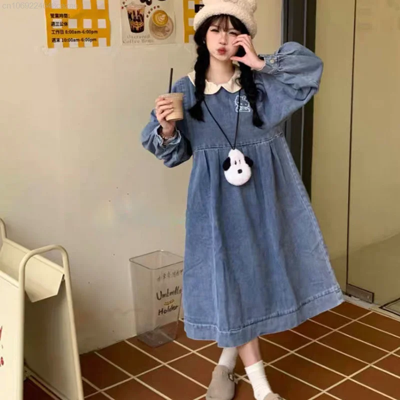 Sanrio Hello Kitty Ronde Hals Mode Denim Jurken Vrouwen Japanse College Stijl Elegante Jurk Y 2K Sweet Pop Kraag Top Shirts