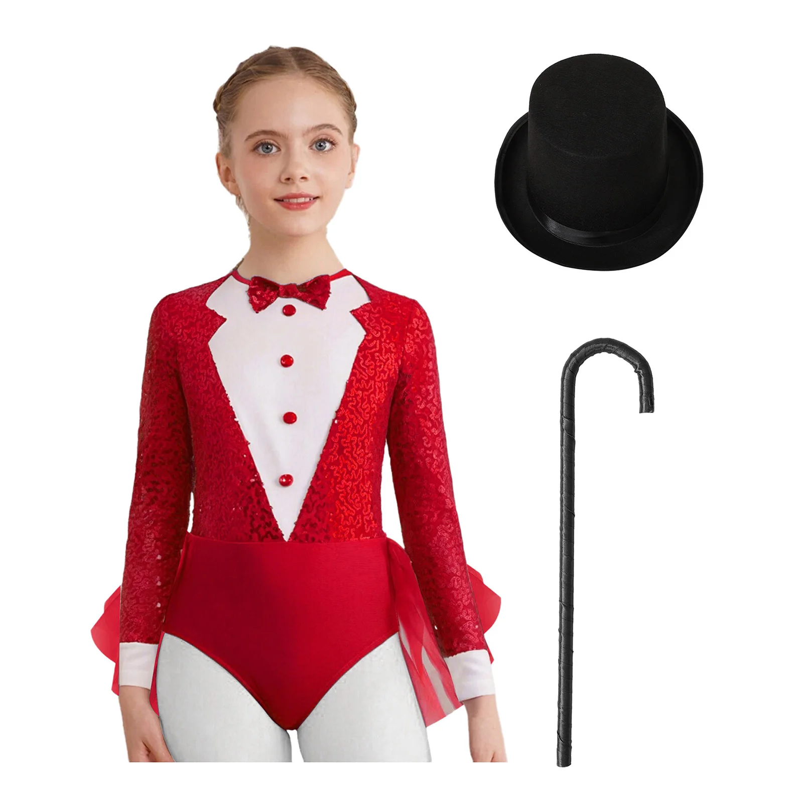 Kids Girls Jazz Waltz Modern Dance Costume Circus Magician Stage Performance Outfit Sequins Leotard with Hat And Crutch Costumes