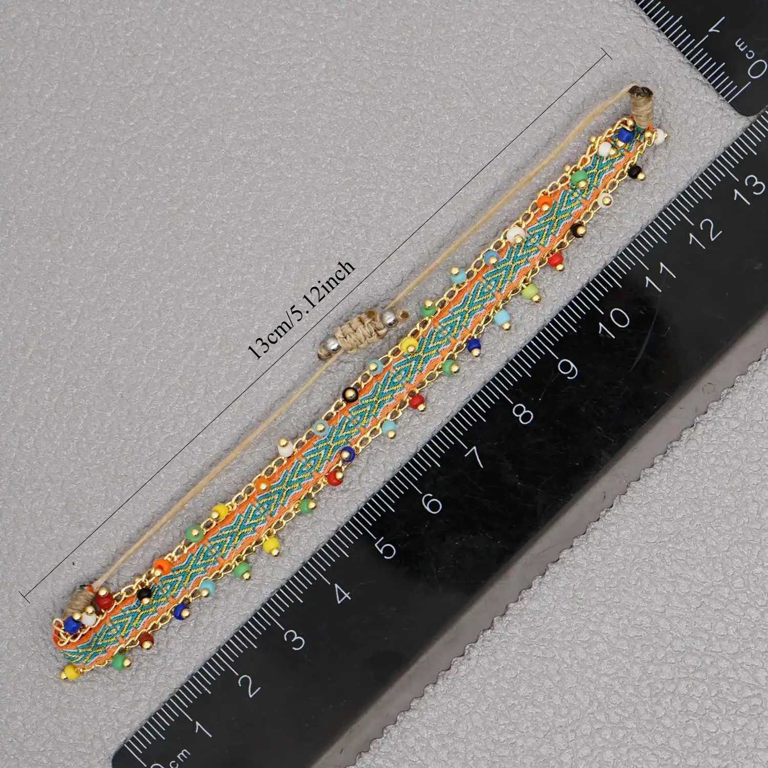 1Pc Vintage Ethnic Handmade Woven Woven Ribbon, Colorful Nail Bead Golden Chain, Bohemian Couple Bracelet