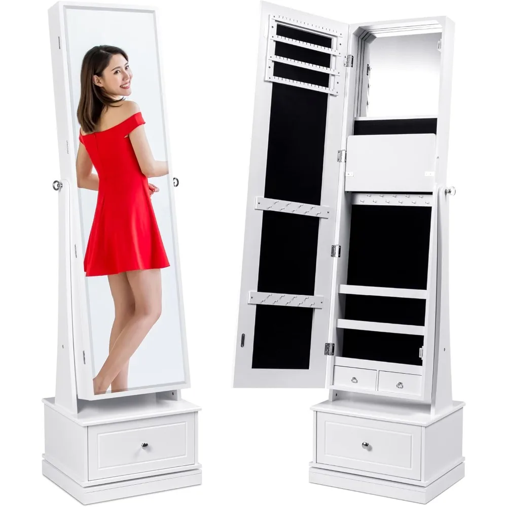 

360 Swivel Mirrored Jewelry Cabinet, Full Length Armoire, LED-Lit Makeup Storage Organizer w/Internal Lights, Mirror