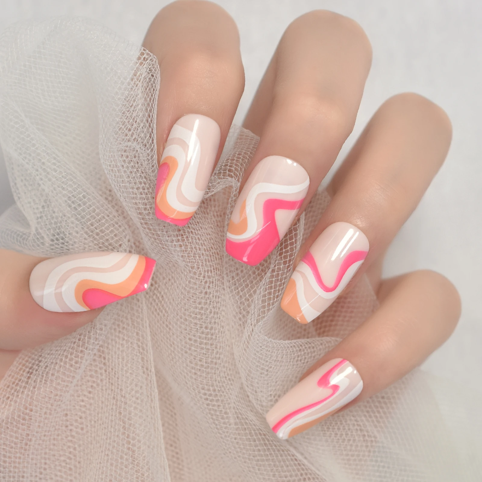 Medium Ballerina Glossy Nude Pink Colorful Wave Line Press on False Nails Salon Manicure Fake Coffin Reusable Nails Art Tips