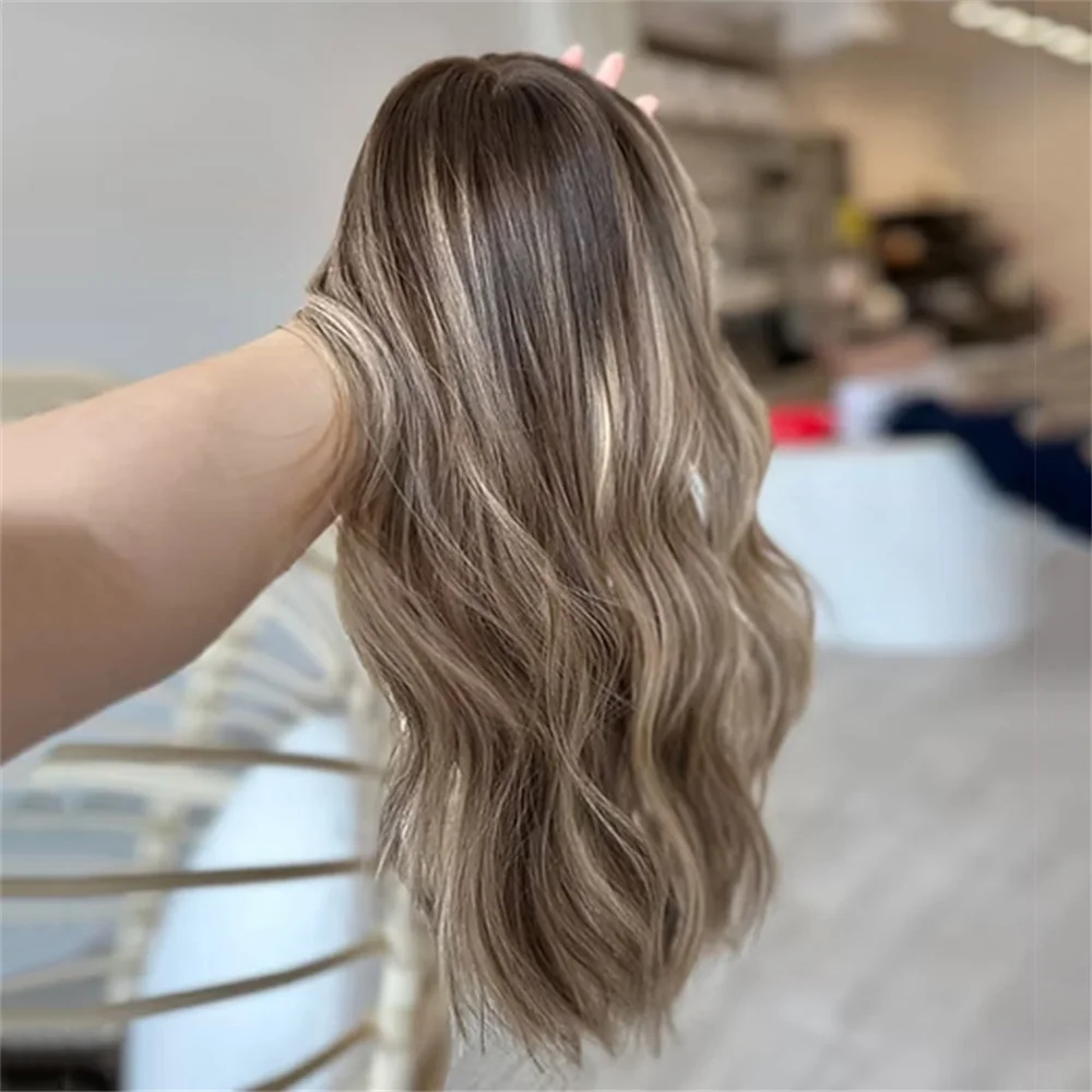 

New Natural Dark Highlights Golden Blonde Wig Synthetic Lace Front Wig Glueless Pre Plucked Heat Resistant Fibre Long Wig Sale