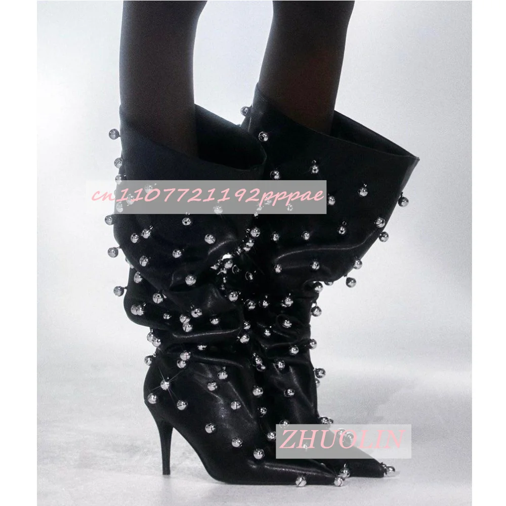 

Metal Rivet Pleated Knee-High Boots Women'S Pointed Stiletto Heel Slip-On Straight Boots Fashionable Luxury Leather Punk Boots