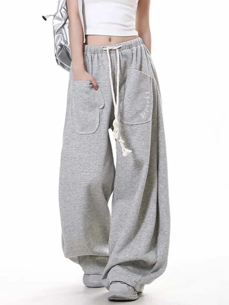 Zoki High Quality Y2K Gray Sweatpants Women Loose American Streetwear Trousers Casual Lace Up Female Pockets Wide Leg Pants New