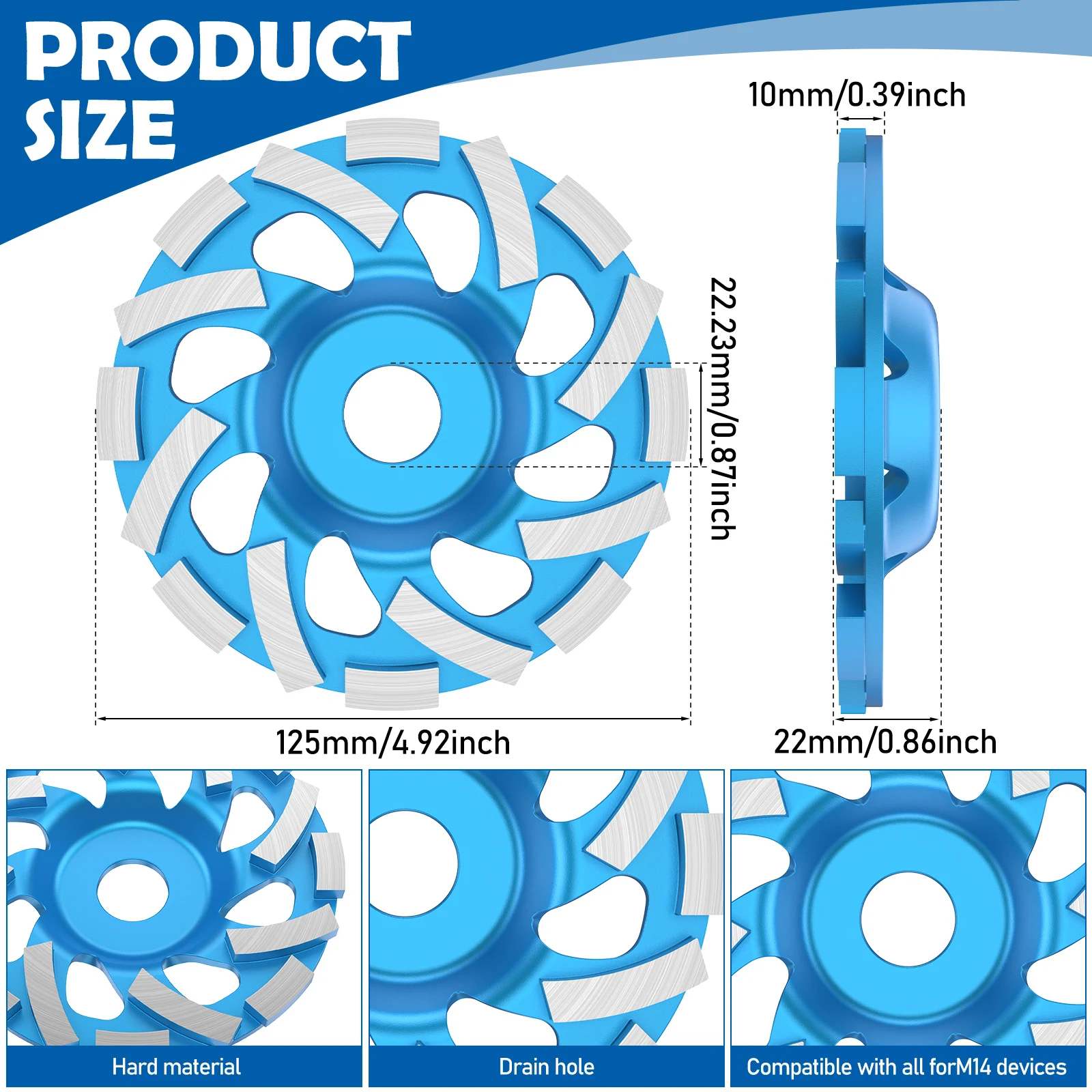 125mm Diamond Grinding Cup Wheel Double Row Segment Grinding Disc 0.87 in Bore for Angle Grinder Concrete Granite Stone Marble