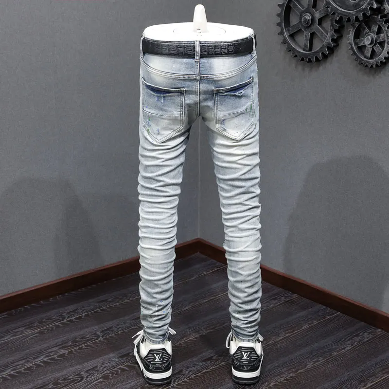 American street fashion light blue men's jeans retro stretch slim fit ripped hip-hop brand hip-hop brand tight pants Y2K