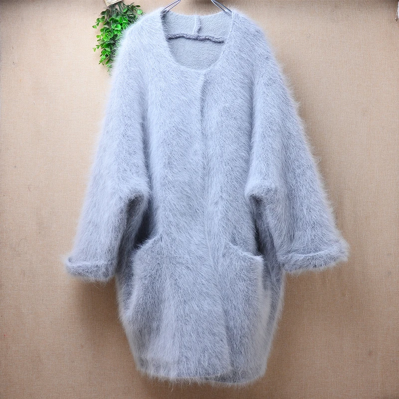 Female Women Fall Winter Thick Warm Grey Hairy Mink Cashmere Knitted Half Sleeves Loose Cardigans Angora Sweater Jacket Coat Top