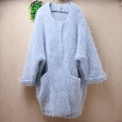 Female Women Fall Winter Thick Warm Grey Hairy Mink Cashmere Knitted Half Sleeves Loose Cardigans Angora Sweater Jacket Coat Top