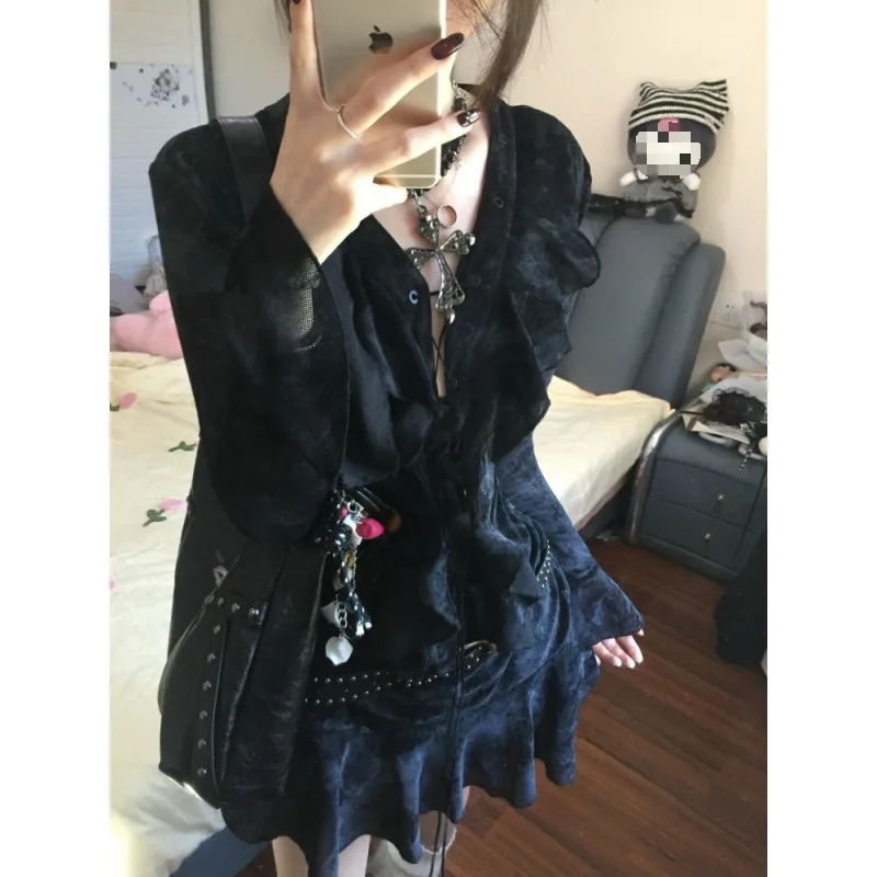 الخريف الرجعية الساخن فتاة نمط ثقافة فرعية تكدرت فستان التخسيس جديد مثير حزام انقطاع التعادل صبغ تنورة