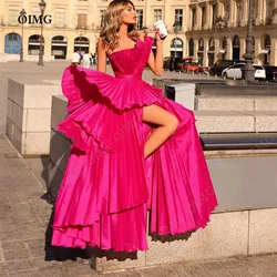 OIMG Fuschia Tiered Split Custom Evening Dresses Satin A Line Party Prom Gowns Strapless Formal Occasion Vestidos De Novia