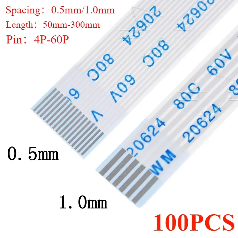 

100Pcs FPC/FFC Ribbon Flexible Flat Cable 0.5MM Pitch 4 5 6 8 10 12 14 16 18 20 22 24 26 30 32 34 36 38 40 45 50 54 60 Pin