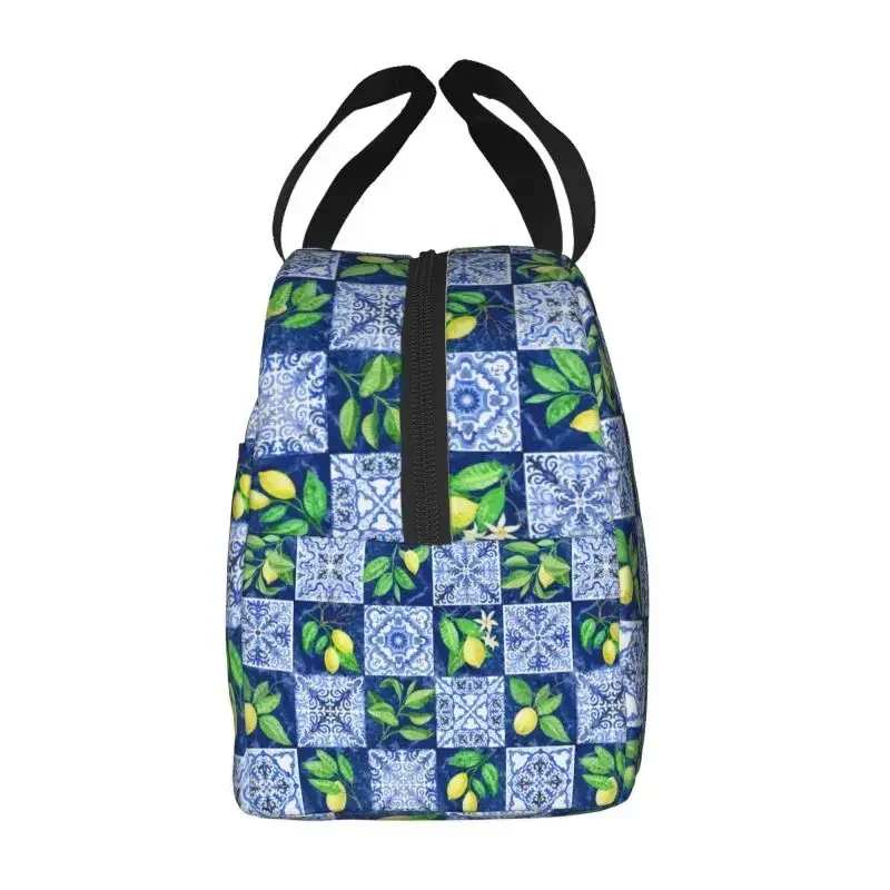 Mediterranean Tiles Summer Fruit Lemons Lunch Bag Leakproof Cooler Thermal Insulated Bento Box For Women Kids Food Tote Bags