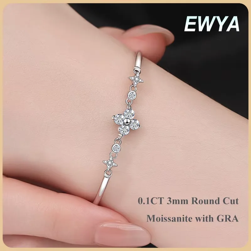 

EWYA Lucky Clover GRA Certified 0.4cttw Moissanite Diamond Link Bracelet for Women 925 Silver Hand Chain Adjustable Bracelets