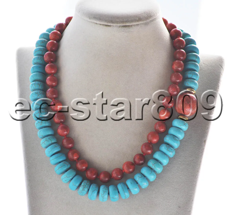 

MCT·STAR Z11127 2Row 18" 14mm Green Rondelle Turquoise Red Coral Bead Necklace Choker