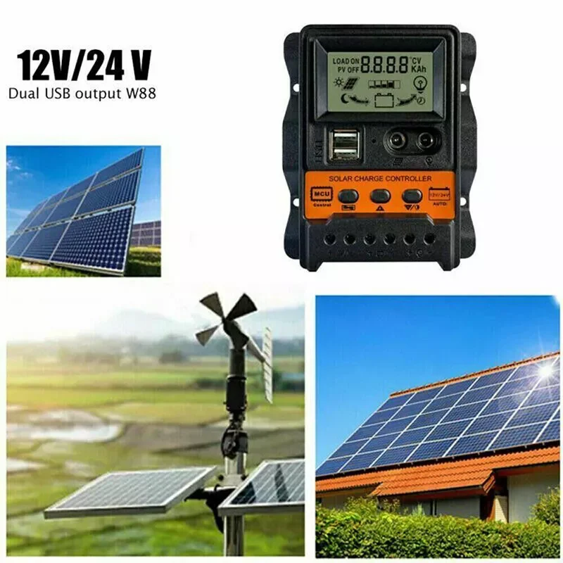Solar Panel 30A Battery Charge Controller 12V/24V LCD Regulator Dual USB PWM Battery Charging Units Electronics Accessories