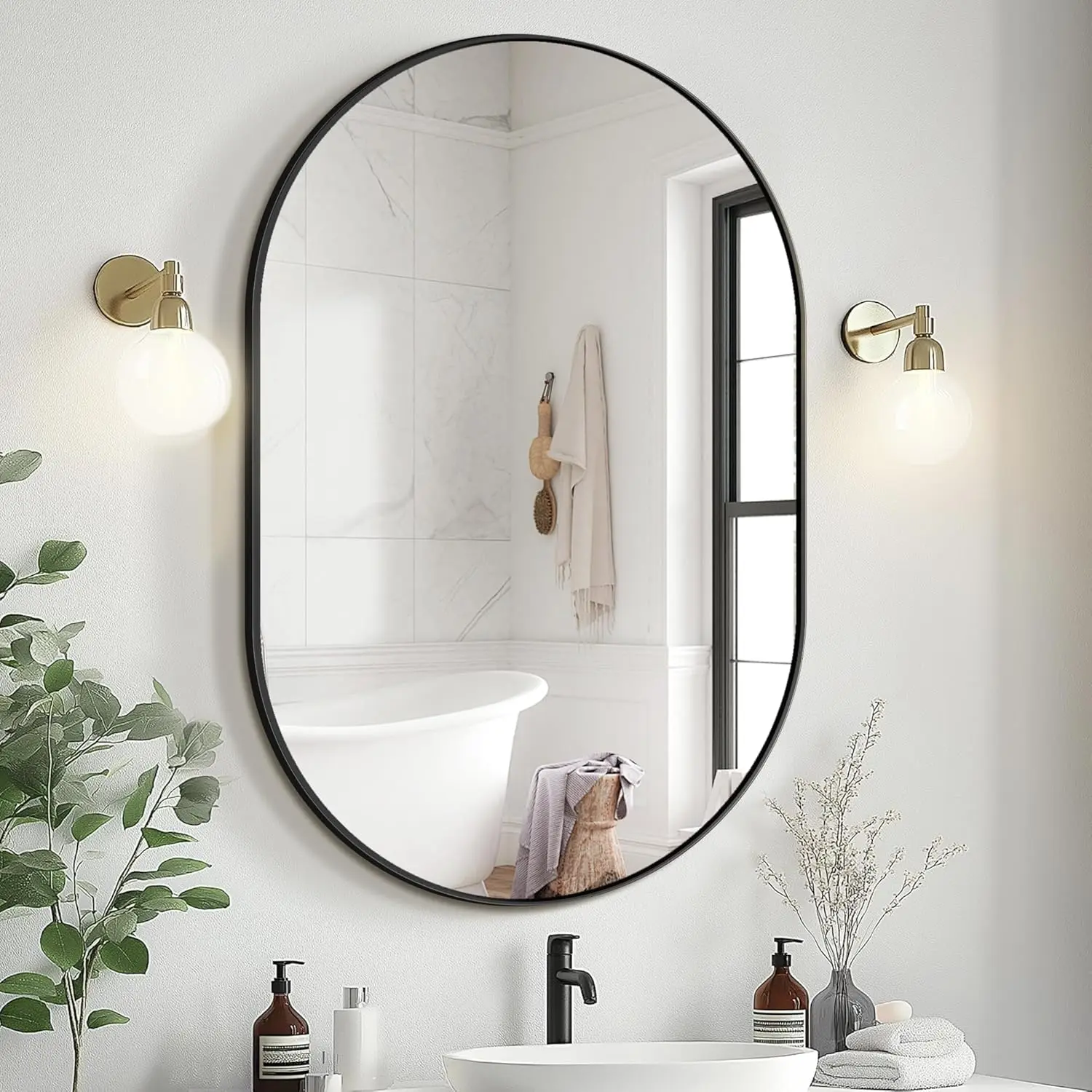 

36''x24'' Black Oval Metal Framed Wall Mirror for Bathroom Bedroom Entryway Vanity