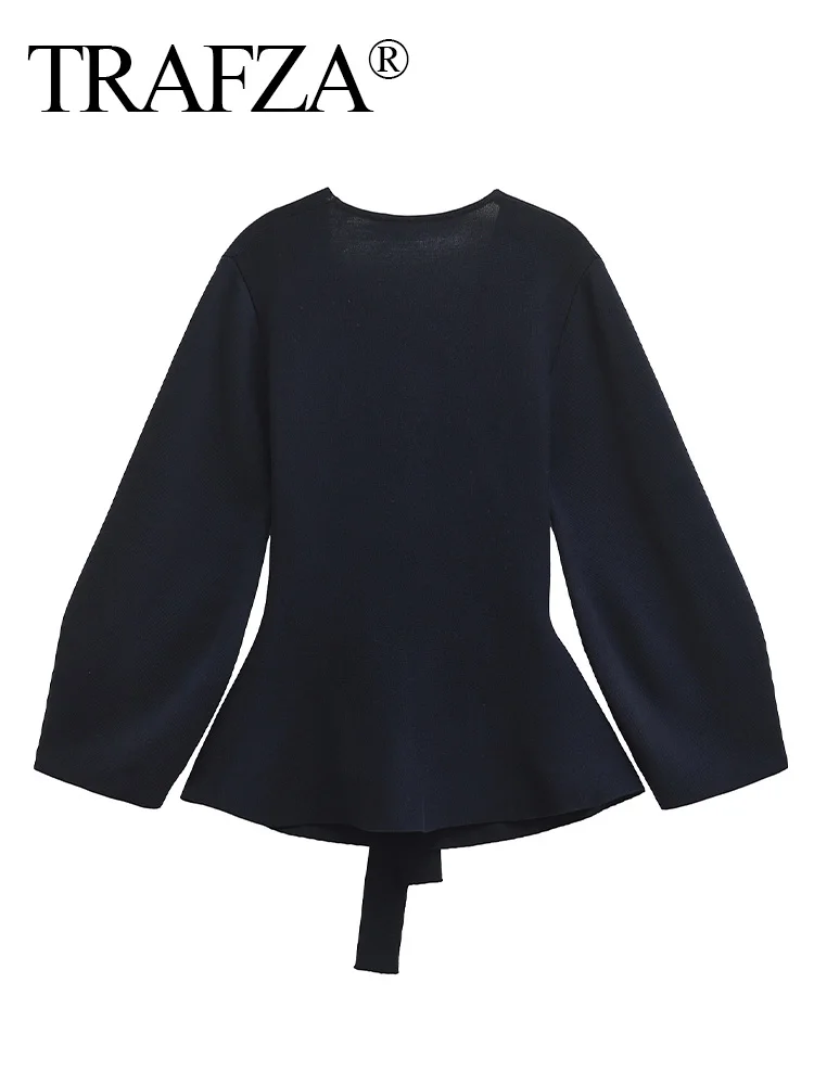 TRAFZA Women Elegant Coats Navy Blue V-Neck Long Sleeves Belted Shoulder Pads Tops Female Autumn Casual Knitted Cardigans Mujer