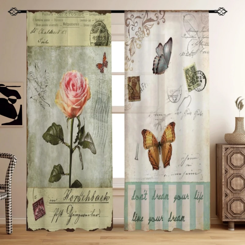 Vintage Rose Butterfly Printed High Shading Curtain Window Sheer Curtain for Living Room Bedroom Office Home Decor Rod Pocke