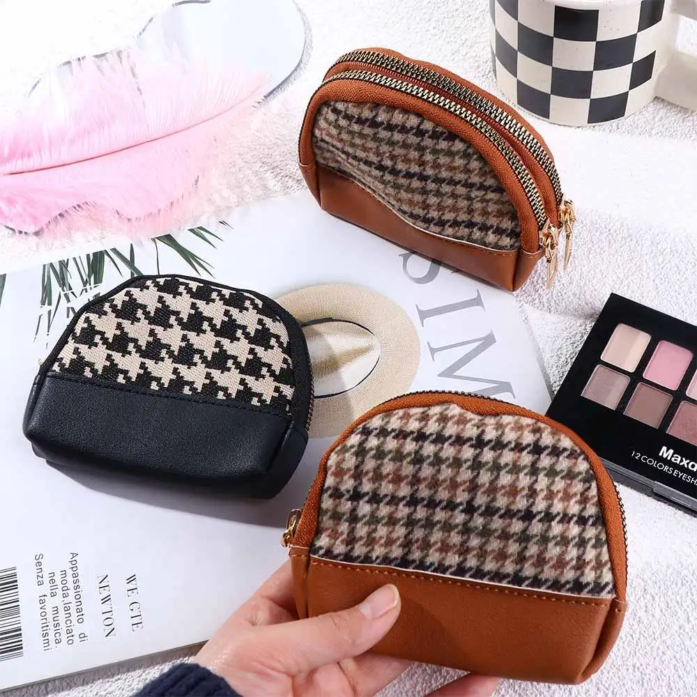 Trendy Small Houndstooth Canvas Fabric with Key Chain Leather Bag Wallet Card Holders Women Coin Purse