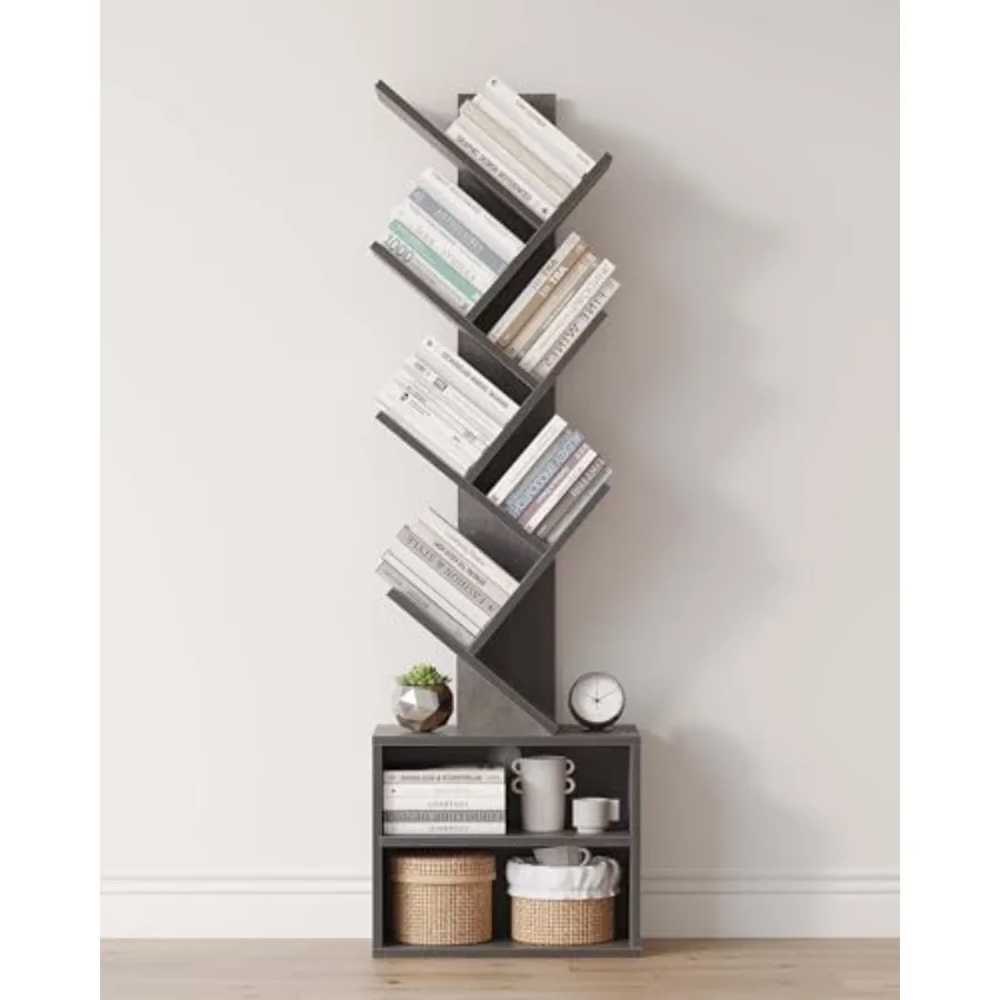 

6 Tier Tree Bookshelf Tall Bookcase with Storage Cabinet Modern Narrow Bookshelves Organizer Floor Standing Book Shelf for Bedr