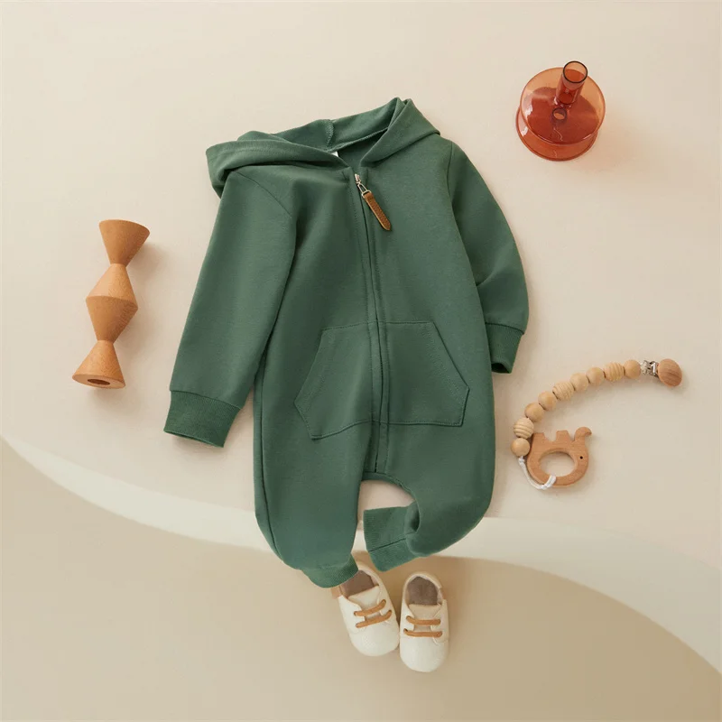 Tregren 0-12M Newborn Baby Boys Girls Jumpsuits Long Sleeve Solid Color Zip Up Hooded Rompers Casual Spring Fall Clothing