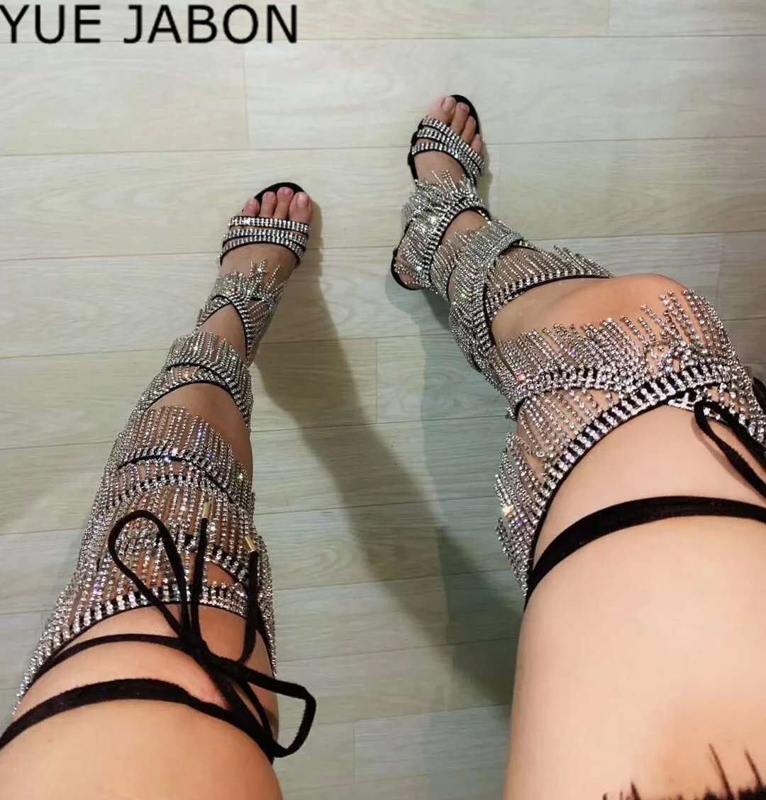 Stripe Tassel Lace Up Over Knee Boots Sandals Boots Women Bling Fringe Crystal Open Toe Party Shoes Lady Cross-tied Long Boots