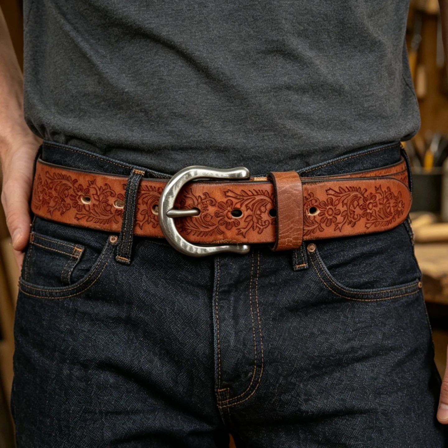 3.8cm Men's Original Carved Flower Design Thickened Retro Genuine Leather Belt Cowhide Casual Jeans Belt for Man Waist Male Belt