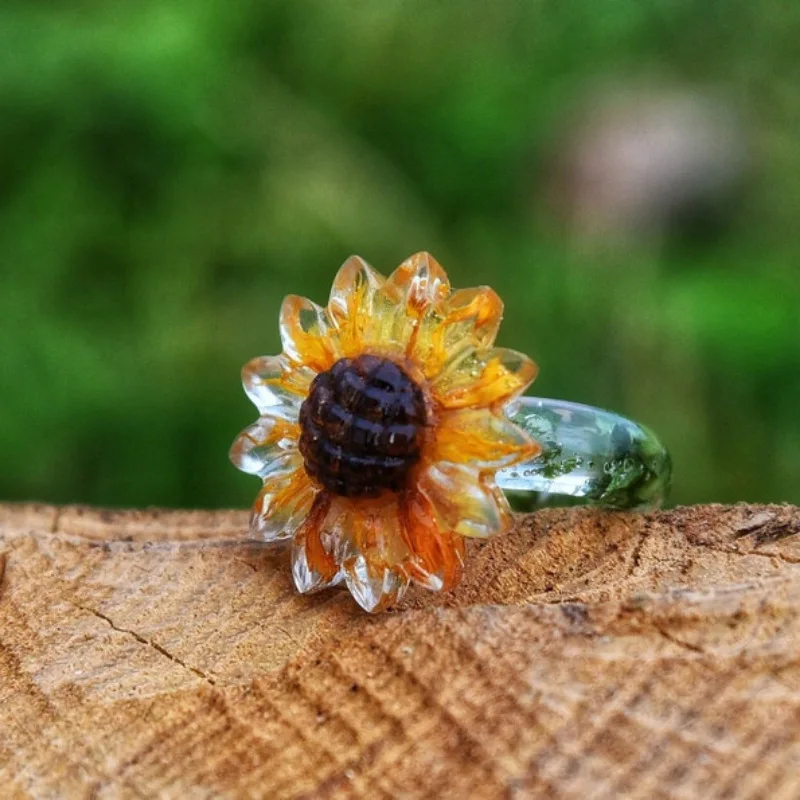 French Pastoral Style Sunflowers That Grow Towards The Sun Resin Drip Glue Gradient Ring Women's Jewelry That Loves Nature Ring