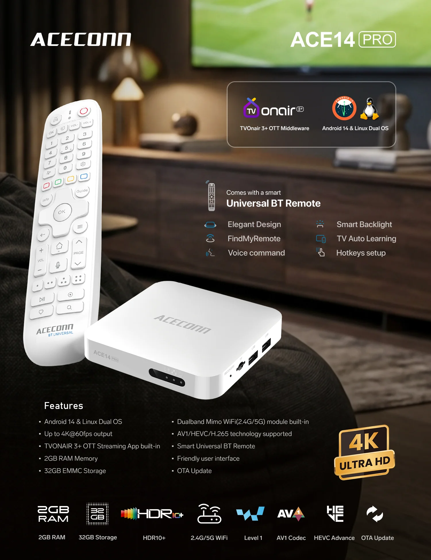 ACE14 Pro DUAL OS Iptv online TV Box Streaming Box IPTV 2G 32GB Dualband WiFi LAN Port BT Auto Learning Hotkeys Remote Backligh